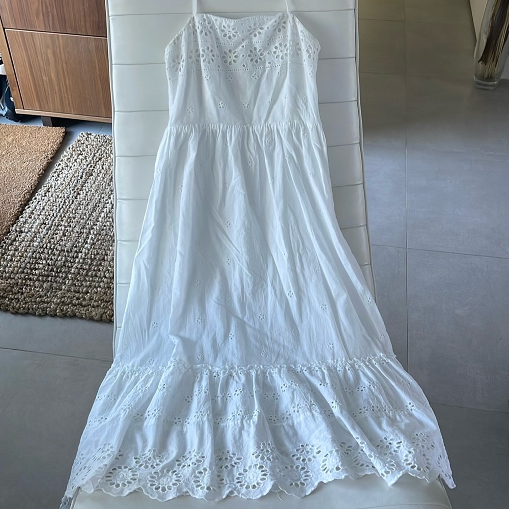 Women size small White eyelet 3/4 length midi dress rushed eyelet embroidery